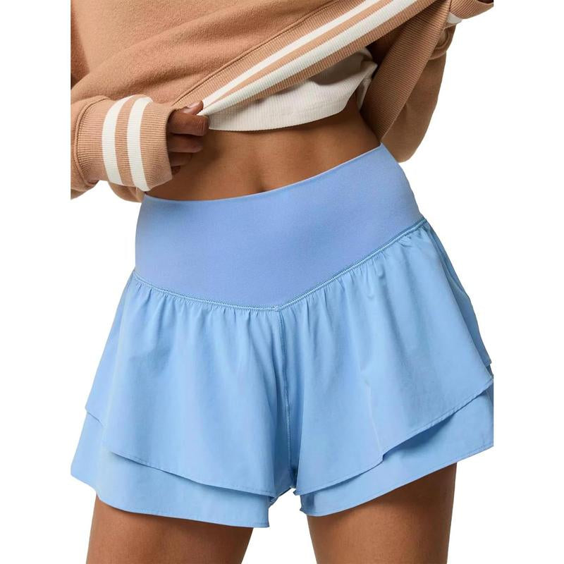 PLNOTME Womens High Waisted Athletic Shorts Ruffle Tiered Running Workout Tennis Shorts with Build in Shorts